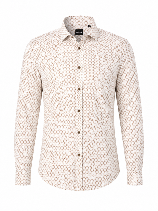 BOSS Beige Micro-Print Slim-Fit Shirt