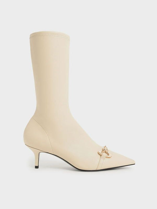 Charles & Keith – Cream Pointed-Toe Chain-Detail Sock Boots