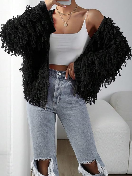 ZARA-Style Black Fringe Knit Jacket
