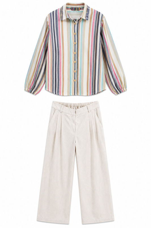 Divas Closet Striped Shirt & Wide-Leg Trouser Set – Multi Stripe / Beige