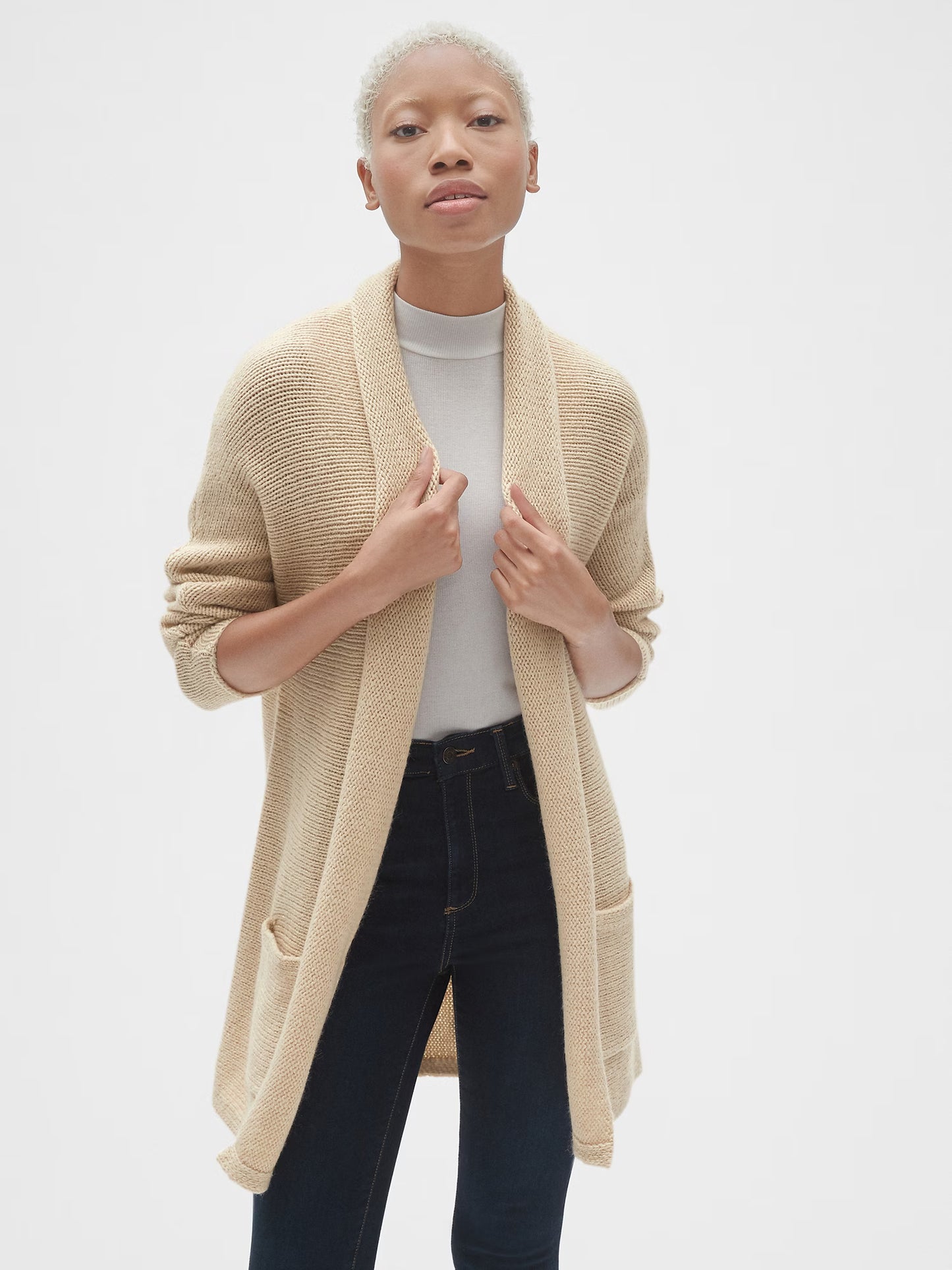Women’s Open-Front Knit Cardigan – Camel Beige