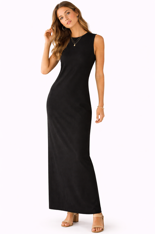Black Ribbed Sleeveless Maxi Dress