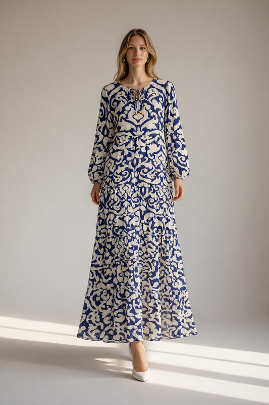 Printed Boho Midi Dress (Blue & White)