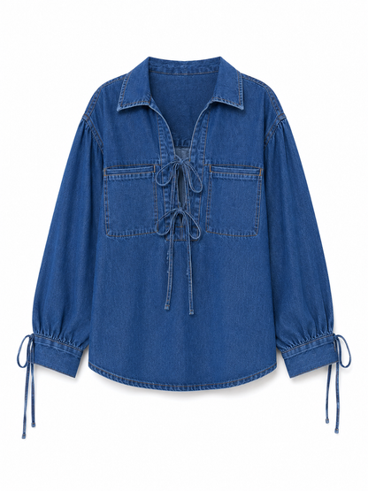 Per Una Denim Tie-Neck Blouse – Product Description