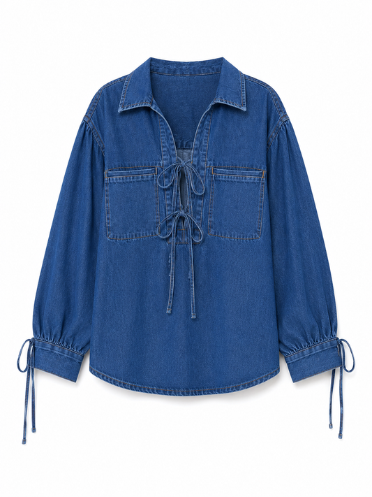 Per Una Denim Tie-Neck Blouse – Product Description