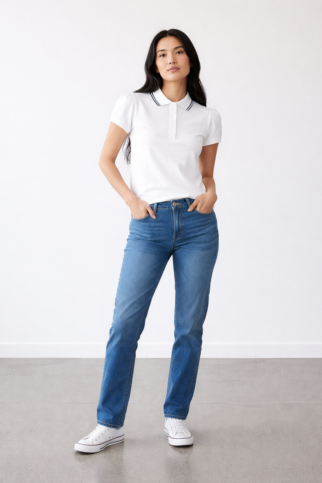 Women’s White Puff-Sleeve Polo Blouse