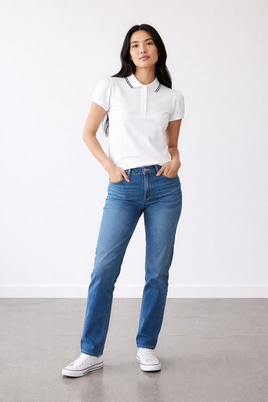 Women’s White Puff-Sleeve Polo Blouse
