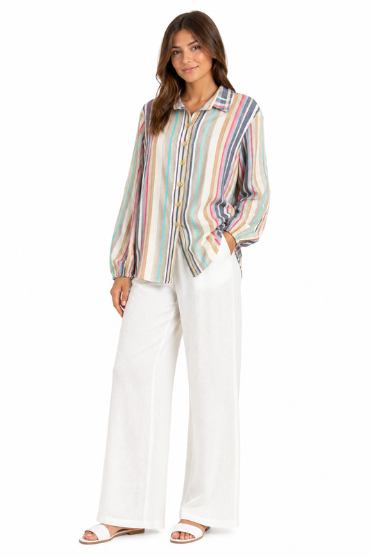 Divas Closet Striped Shirt & Wide-Leg Trouser Set – Multi Stripe / Beige