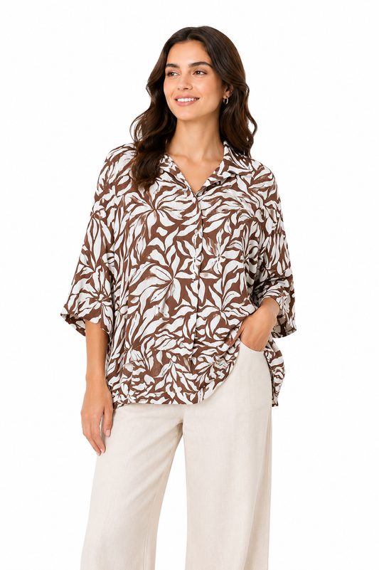 ON Brown & White Tropical Print Shirt