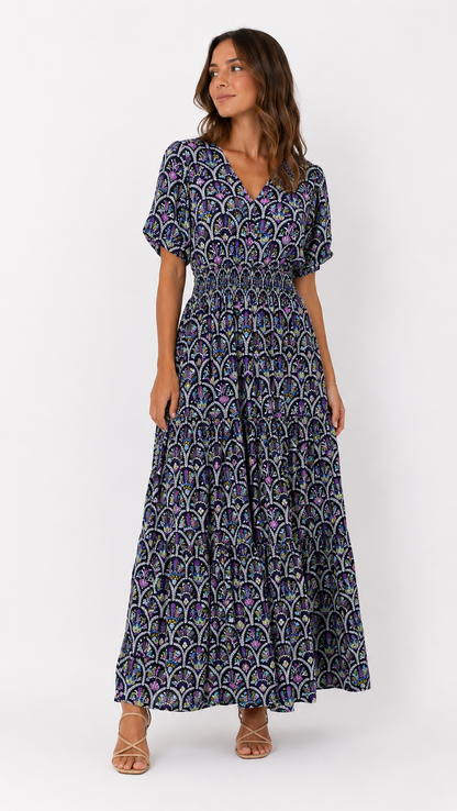 J&W Printed Smocked Maxi Dress