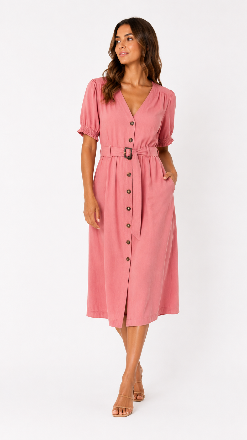 Ann Taylor Belted Button-Front Midi Dress