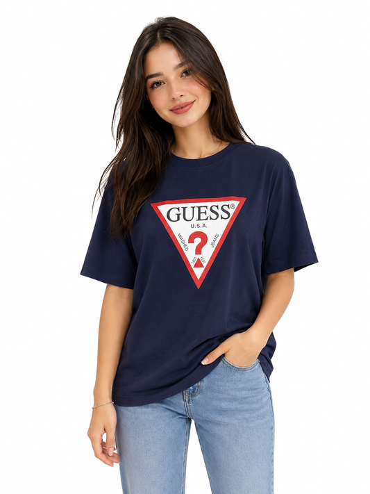 Classic and iconic GUESS short-sleeve T-shirt in a deep navy blue color