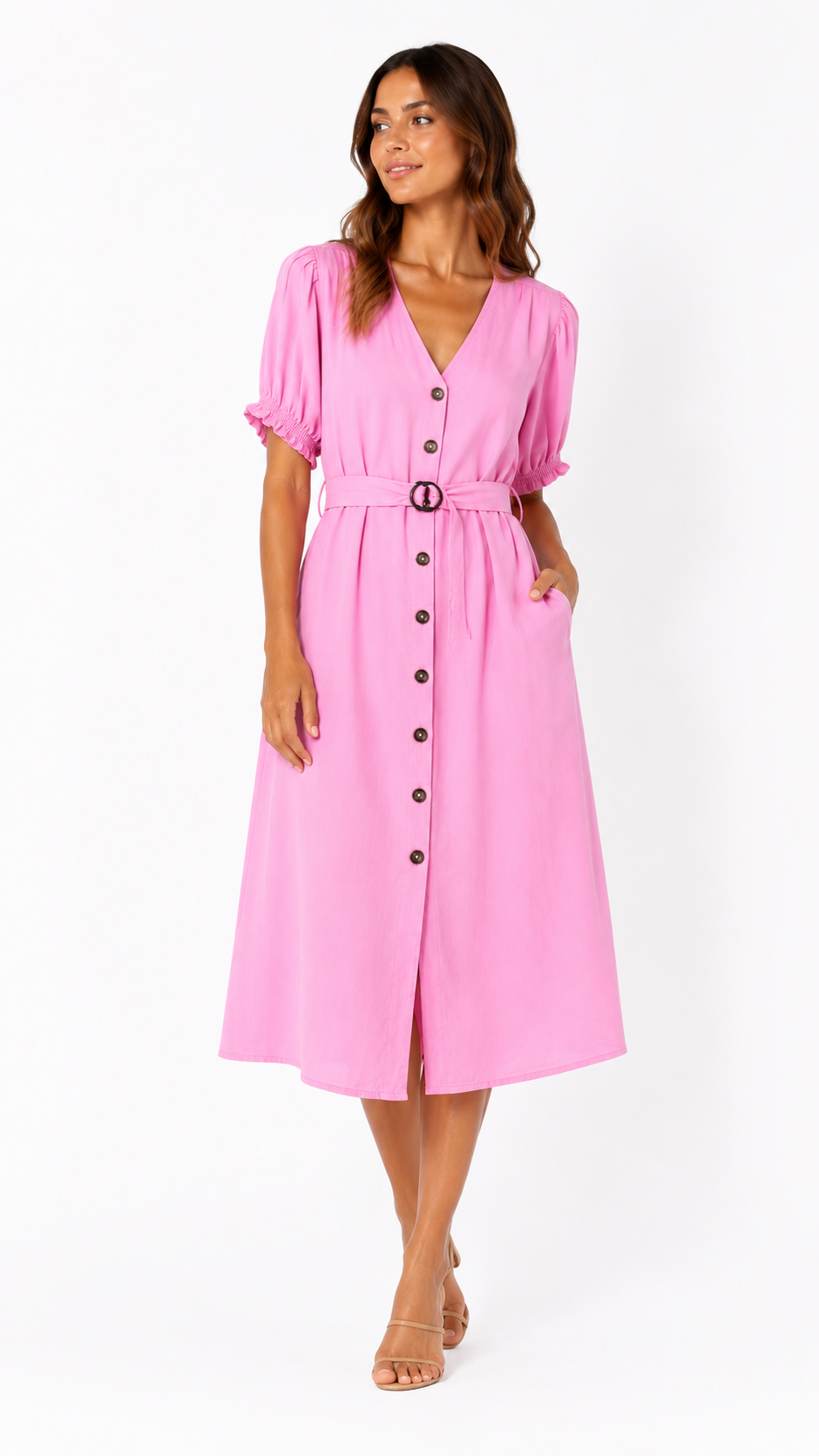 Ann Taylor Belted Button-Front Midi Dress