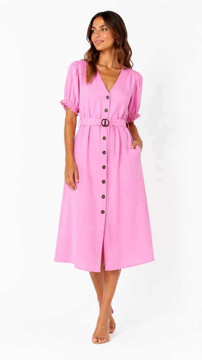 Ann Taylor Belted Button-Front Midi Dress