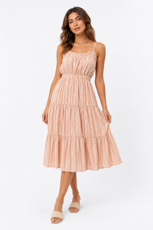 Aerie Striped Tiered Midi Dress – Product Description