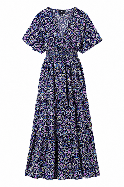 J&W Printed Smocked Maxi Dress