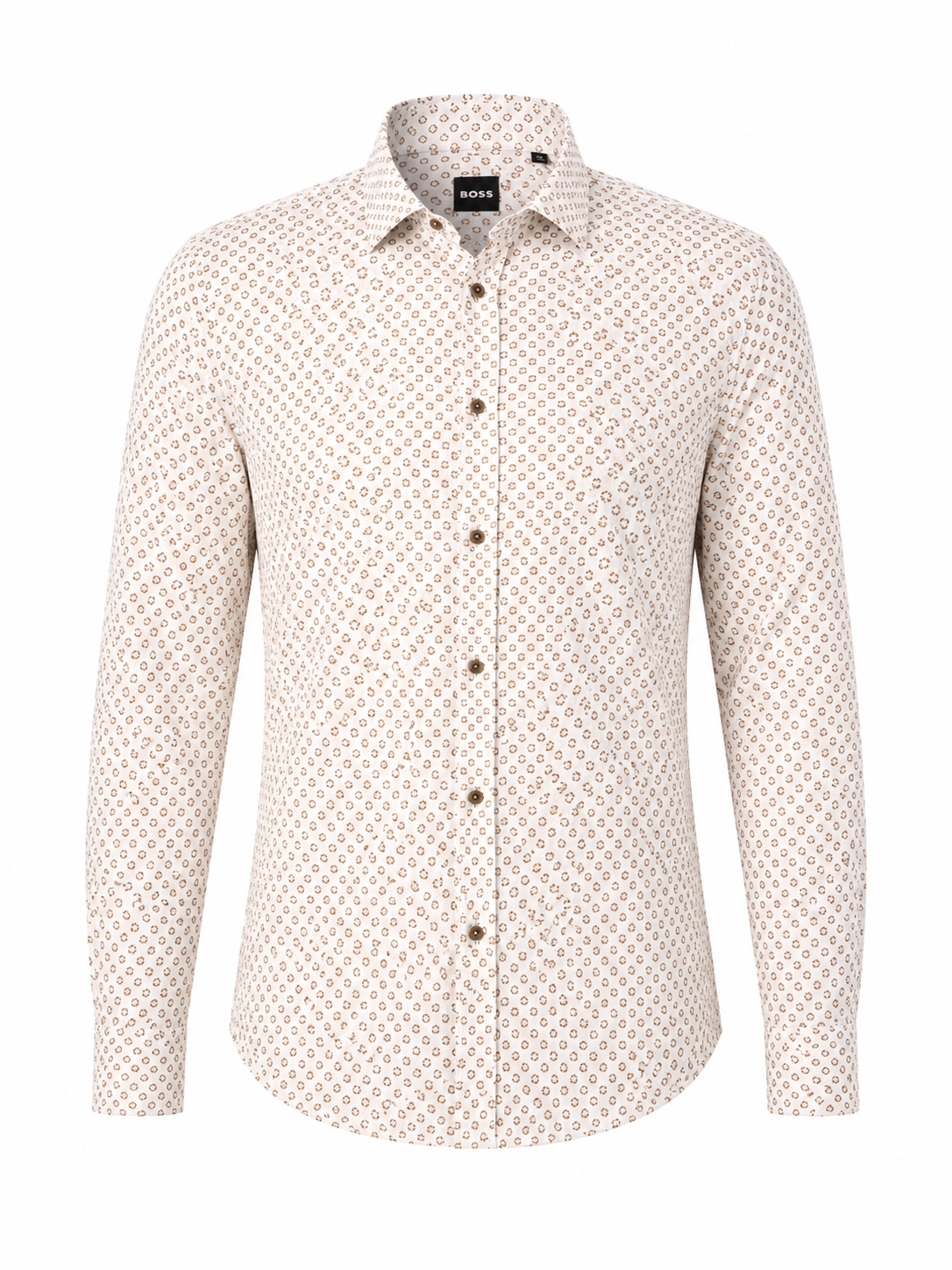 BOSS Beige Micro-Print Slim-Fit Shirt