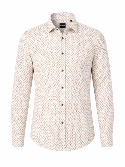 BOSS Beige Micro-Print Slim-Fit Shirt