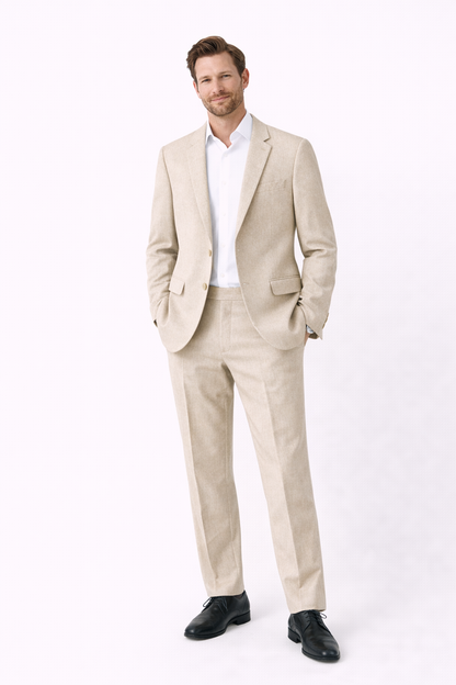 Moss London Men’s Linen Formal Trousers – Light beige