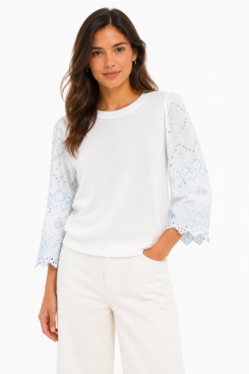 LOFT Mixed Media Embroidered Blouse – Product Description