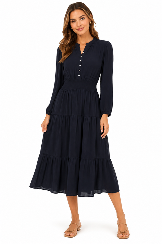 Collection Navy Tiered Midi Dress – Product Description