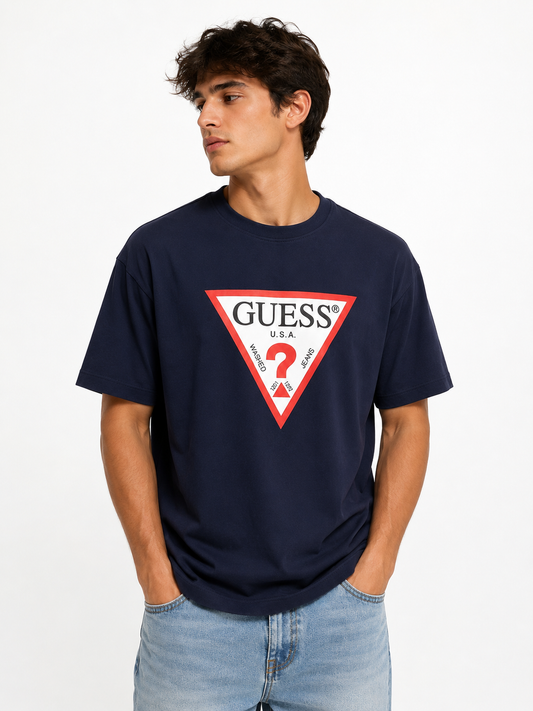 Classic and iconic GUESS short-sleeve T-shirt in a deep navy blue color