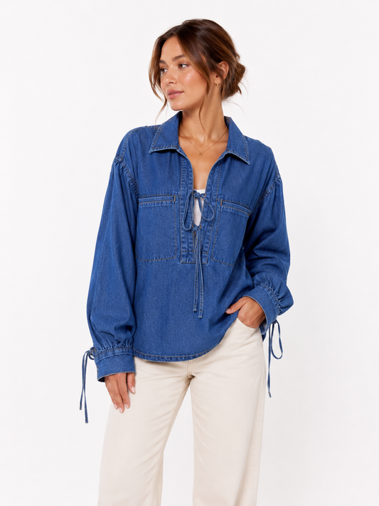Per Una Denim Tie-Neck Blouse – Product Description