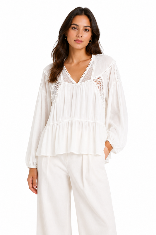 Promod Lace-Trim Peplum Blouse – Product Description
