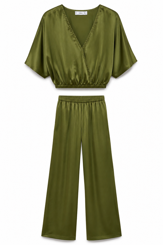 MANGO Satin Two-Piece Set – Olive Green