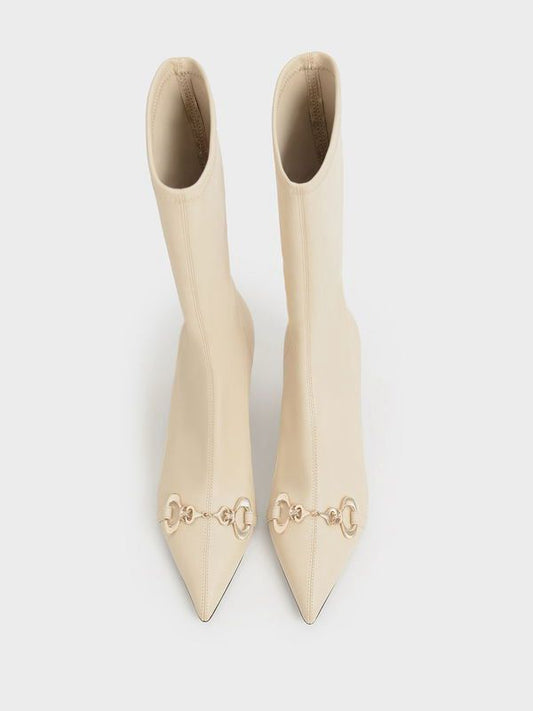 Charles & Keith – Cream Pointed-Toe Chain-Detail Sock Boots