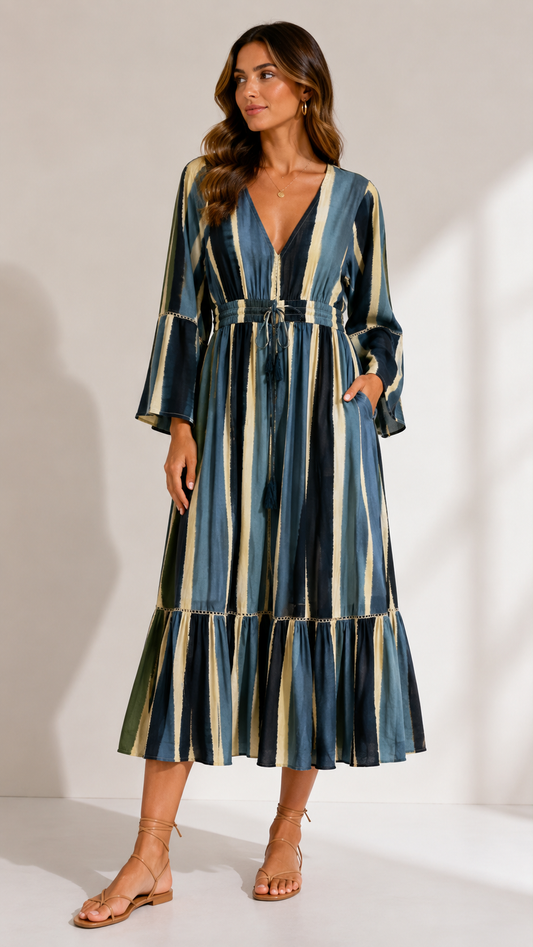GOE Striped Boho Midi Dress