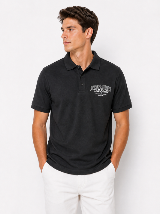 Classic and versatile Jack & Jones polo shirt in a sleek black color,