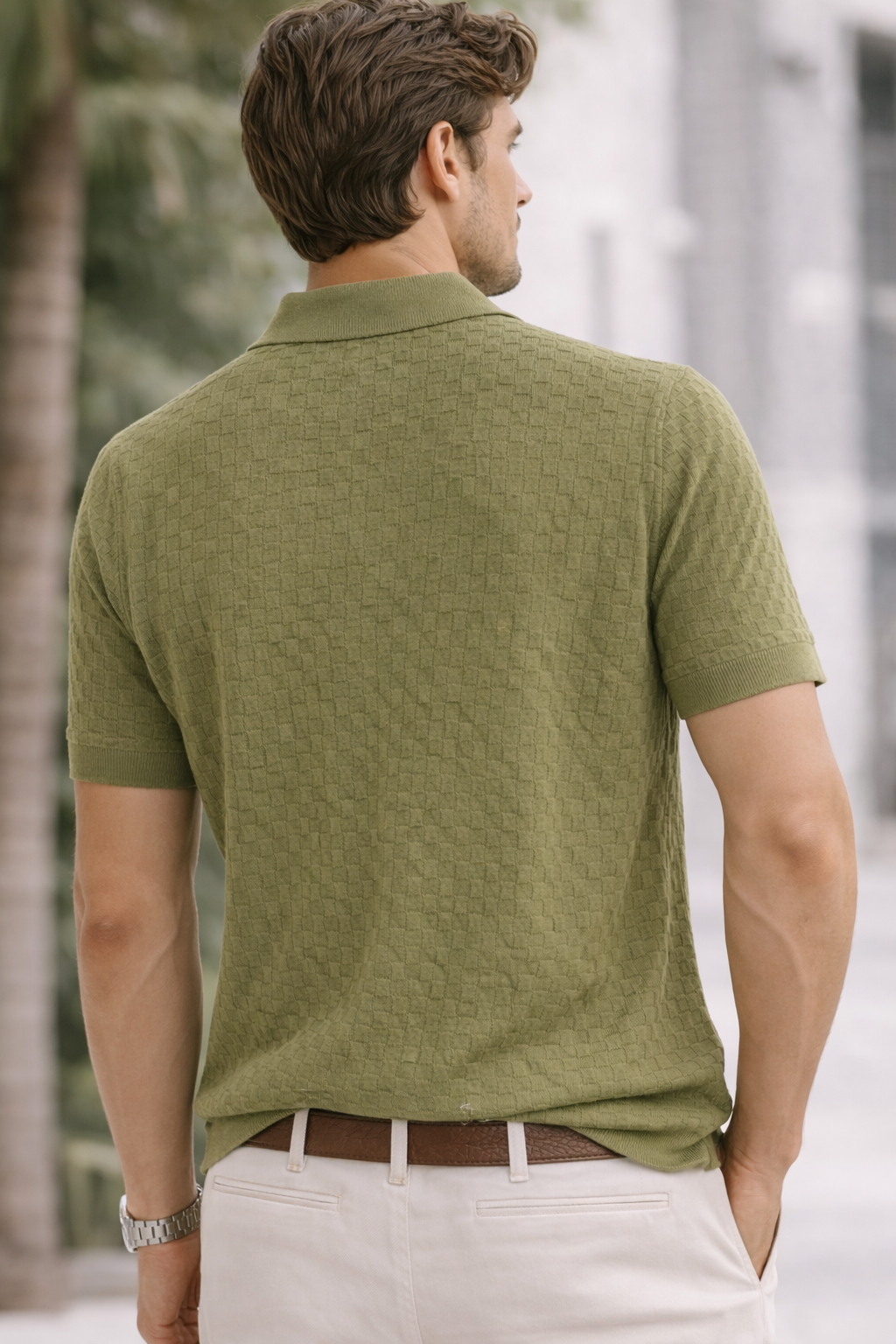 ZARA Textured Knit Polo Blouse – Olive Green