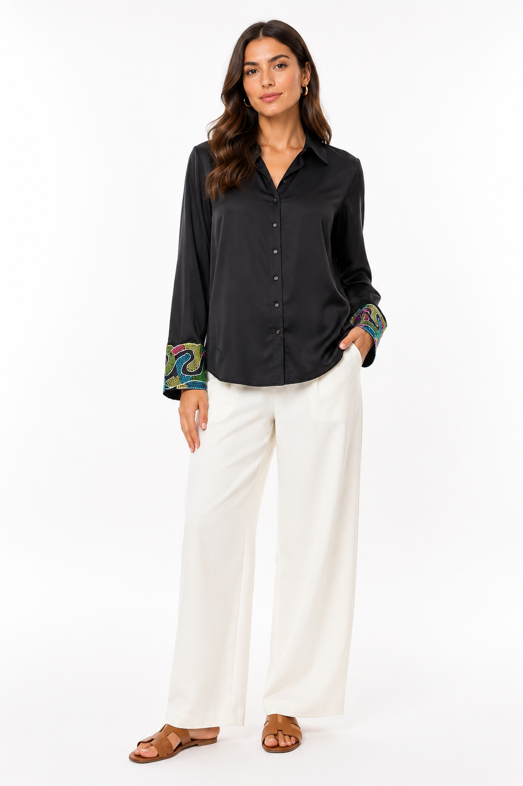 Mango Black Satin Shirt with Embellished Cuffs