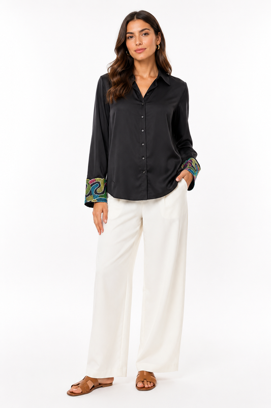 Mango Black Satin Shirt with Embellished Cuffs