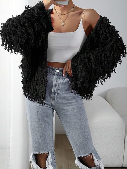 ZARA-Style Black Fringe Knit Jacket