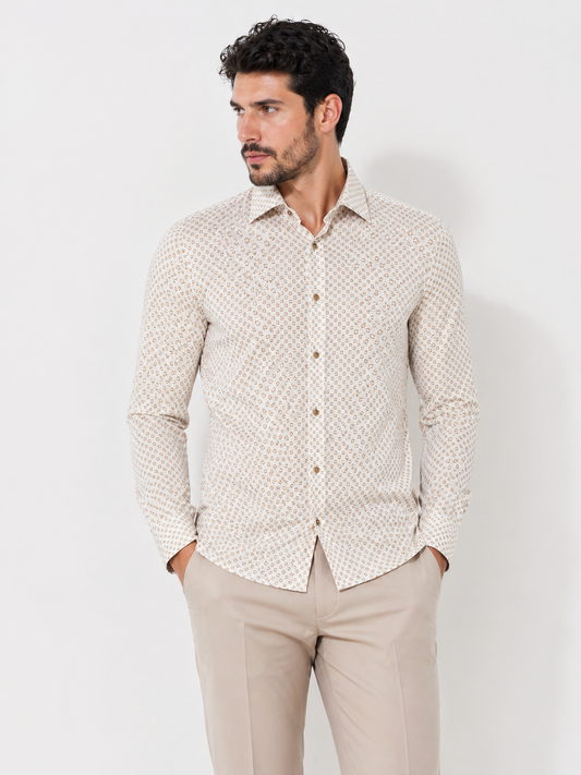 BOSS Beige Micro-Print Slim-Fit Shirt