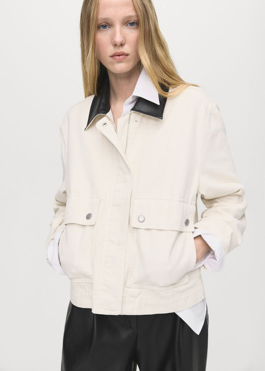 Mango Cropped Denim Jacket – Off-White with Contrast Collar