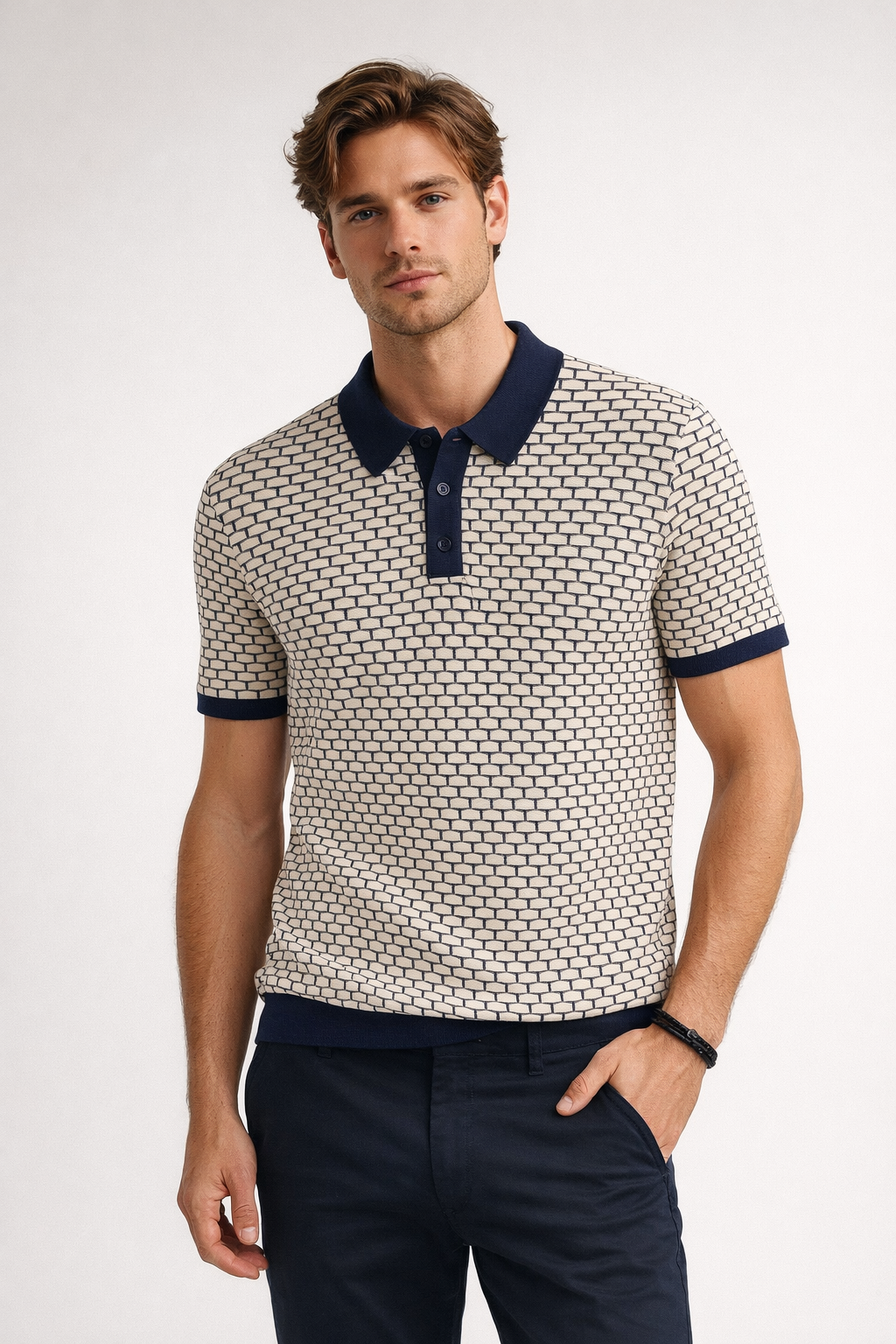 Ted Baker London Geometric Knit Polo – Beige & Navy