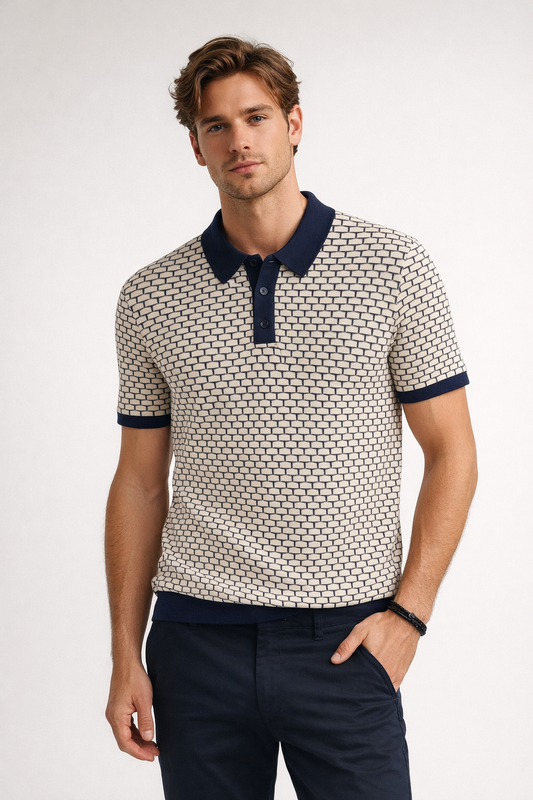 Ted Baker London Geometric Knit Polo – Beige & Navy