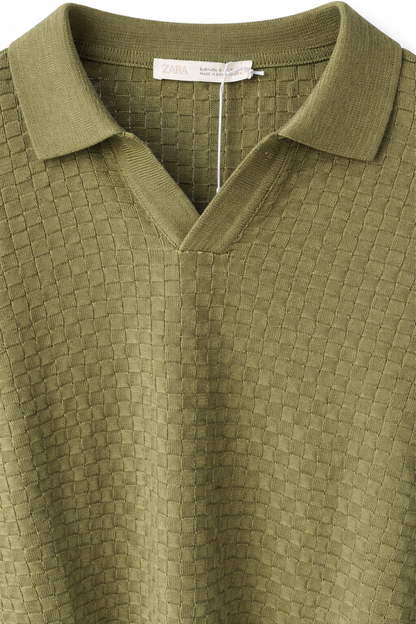 ZARA Textured Knit Polo Blouse – Olive Green