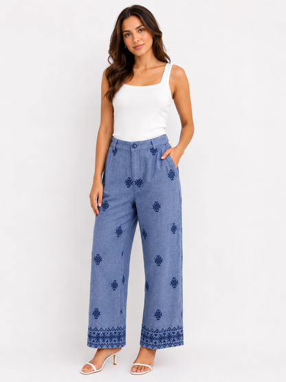 Liberto Printed Wide-Leg Trousers – Blue