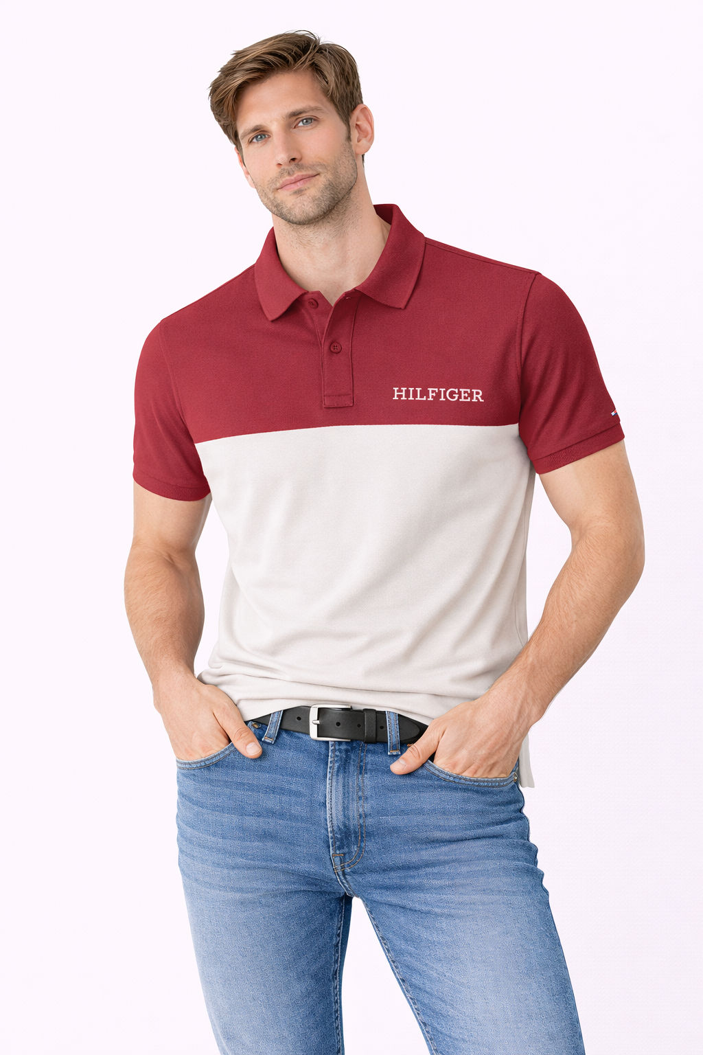 Tommy Hilfiger Color block Polo (Red & Off-White)