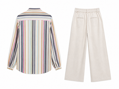 Divas Closet Striped Shirt & Wide-Leg Trouser Set – Multi Stripe / Beige