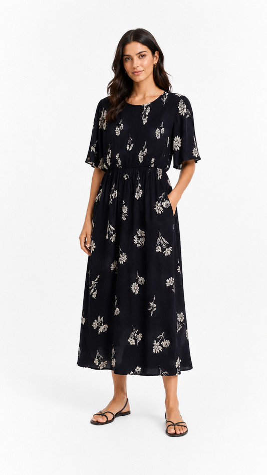 RI Black Floral Midi Dress