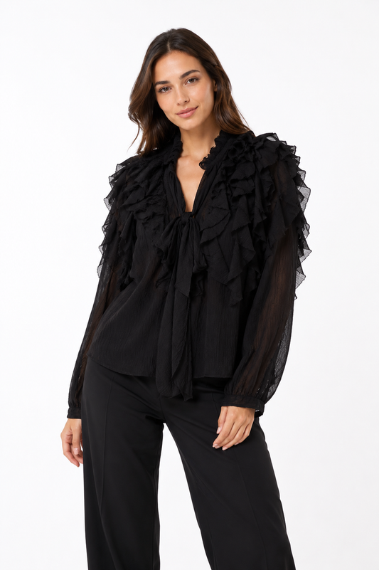 Zara Ruffle Tie-Neck Blouse – Product Description