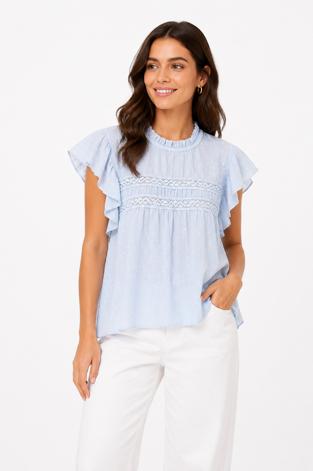 VM Light Blue Lace-Detail Blouse