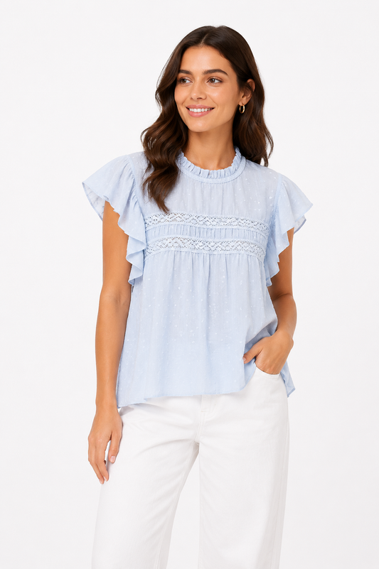 VM Light Blue Lace-Detail Blouse