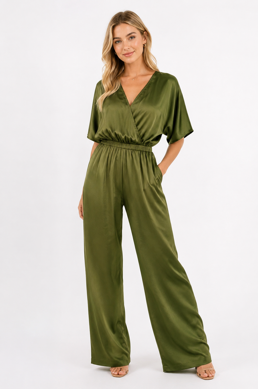 MANGO Satin Two-Piece Set – Olive Green