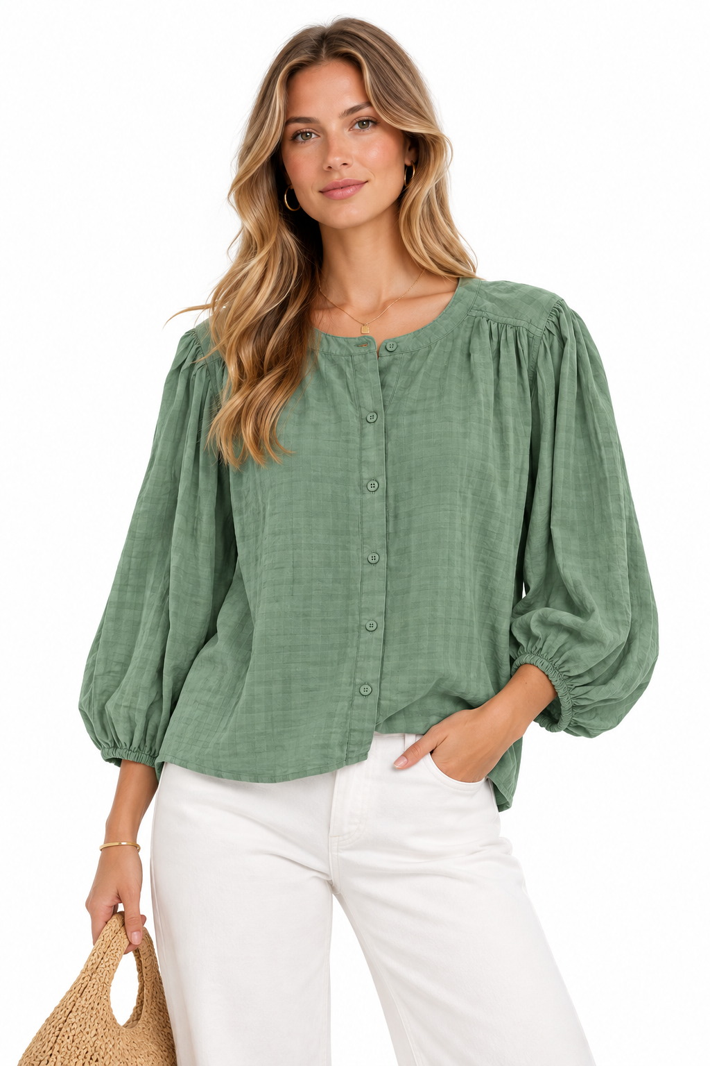 W Textured Balloon Sleeve Blouse